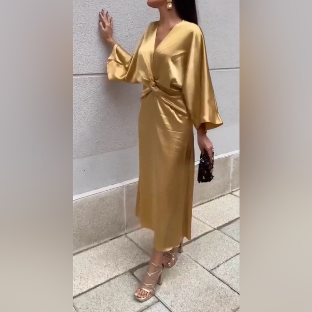 Zara Satin Gold Midi Knot Dress Never Worn